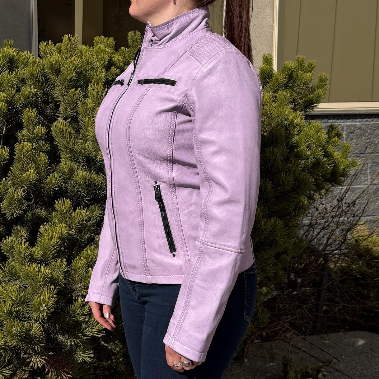 Women's Classic Sheep Leather Jacket. Standing Collar with Studs, 4 Zippered Pockets & Shoulder Accent Stitching