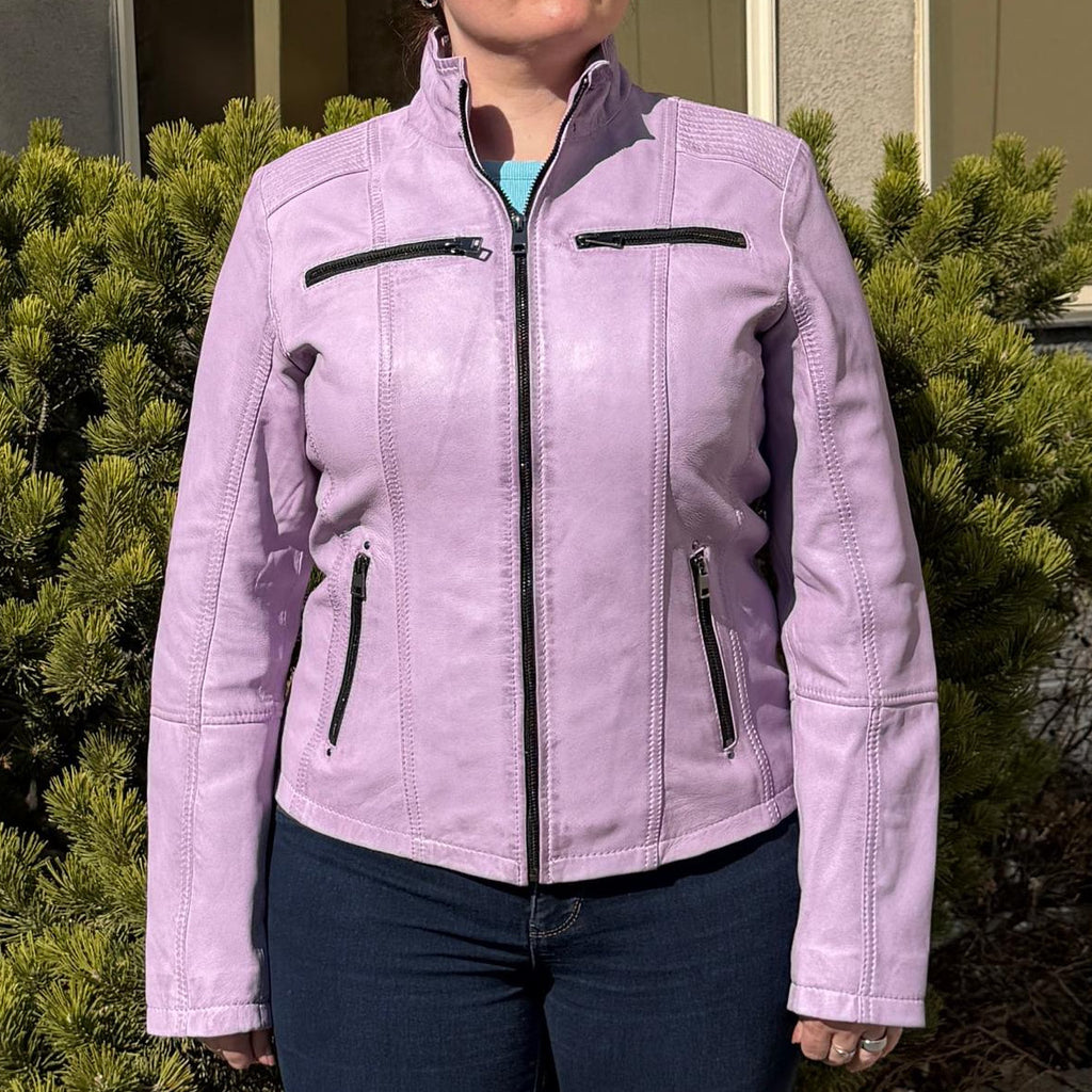 Women's Classic Sheep Leather Jacket. Standing Collar with Studs, 4 Zippered Pockets & Shoulder Accent Stitching