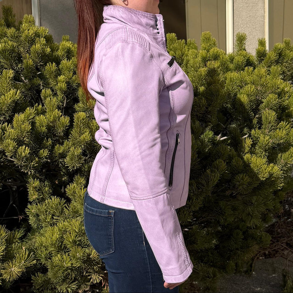 Women's Classic Sheep Leather Jacket. Standing Collar with Studs, 4 Zippered Pockets & Shoulder Accent Stitching