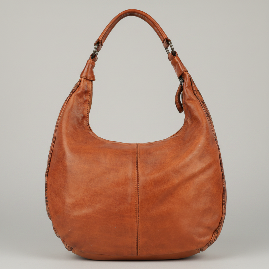 MET Premium Leather Shoulder Bag. Elegant Hobo Bag with Laser-Engraved Floral Leaf Panels
