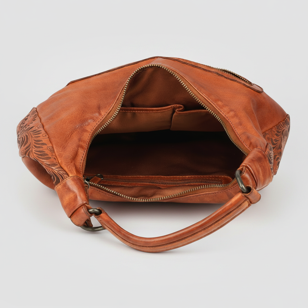 MET Premium Leather Shoulder Bag. Elegant Hobo Bag with Laser-Engraved Floral Leaf Panels