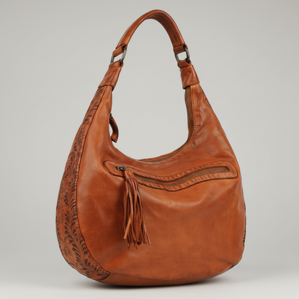 MET Premium Leather Shoulder Bag. Elegant Hobo Bag with Laser-Engraved Floral Leaf Panels
