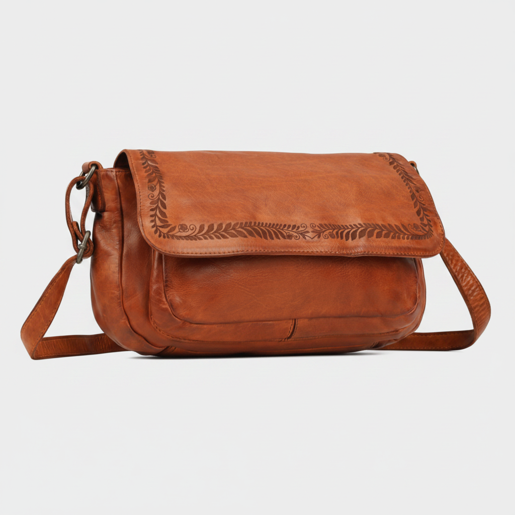 MET Leather Flap Crossbody Bag. Compact Messenger with Laser-Engraved Details
