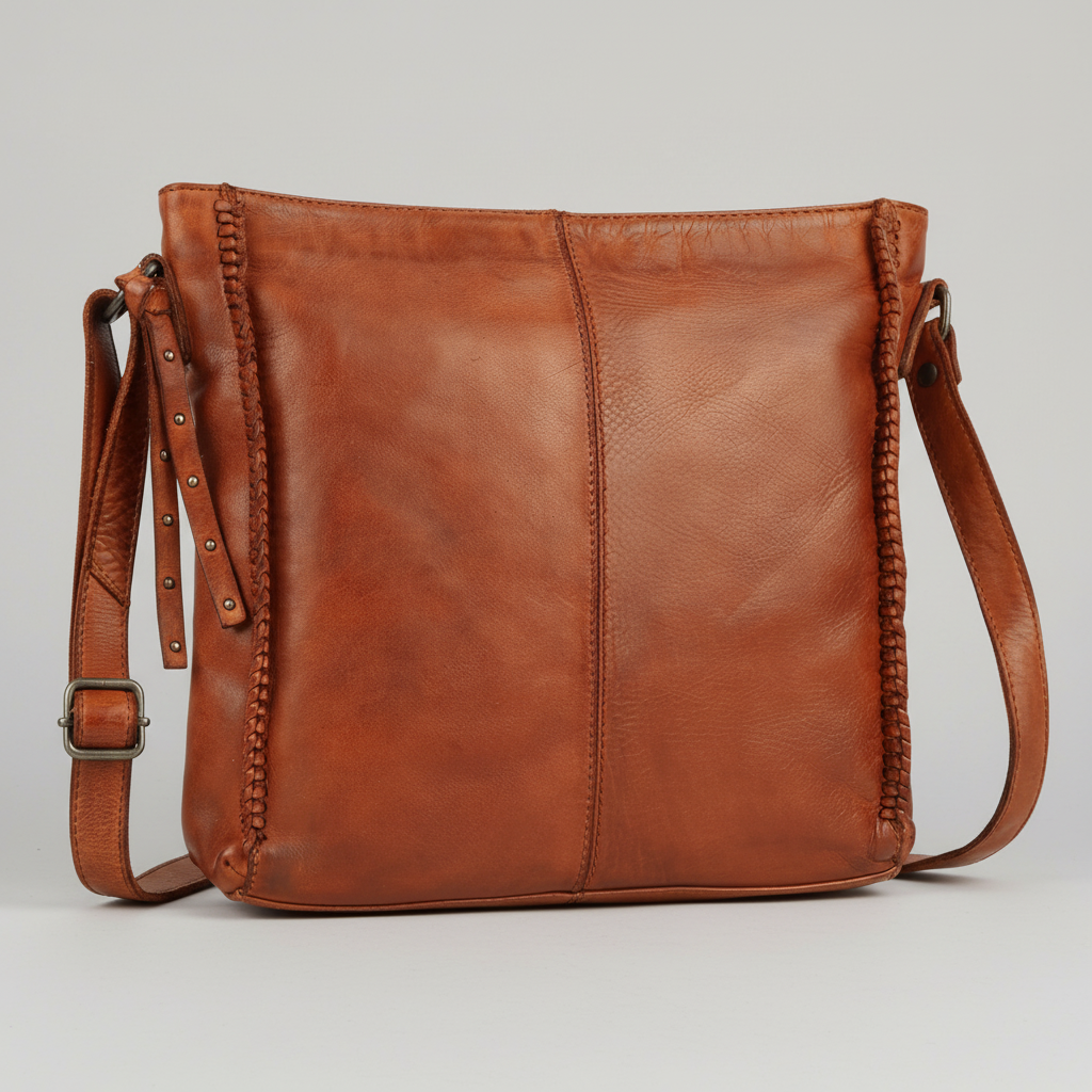 MET Premium Leather Crossbody Bag. Square Messenger with Woven Edge Details