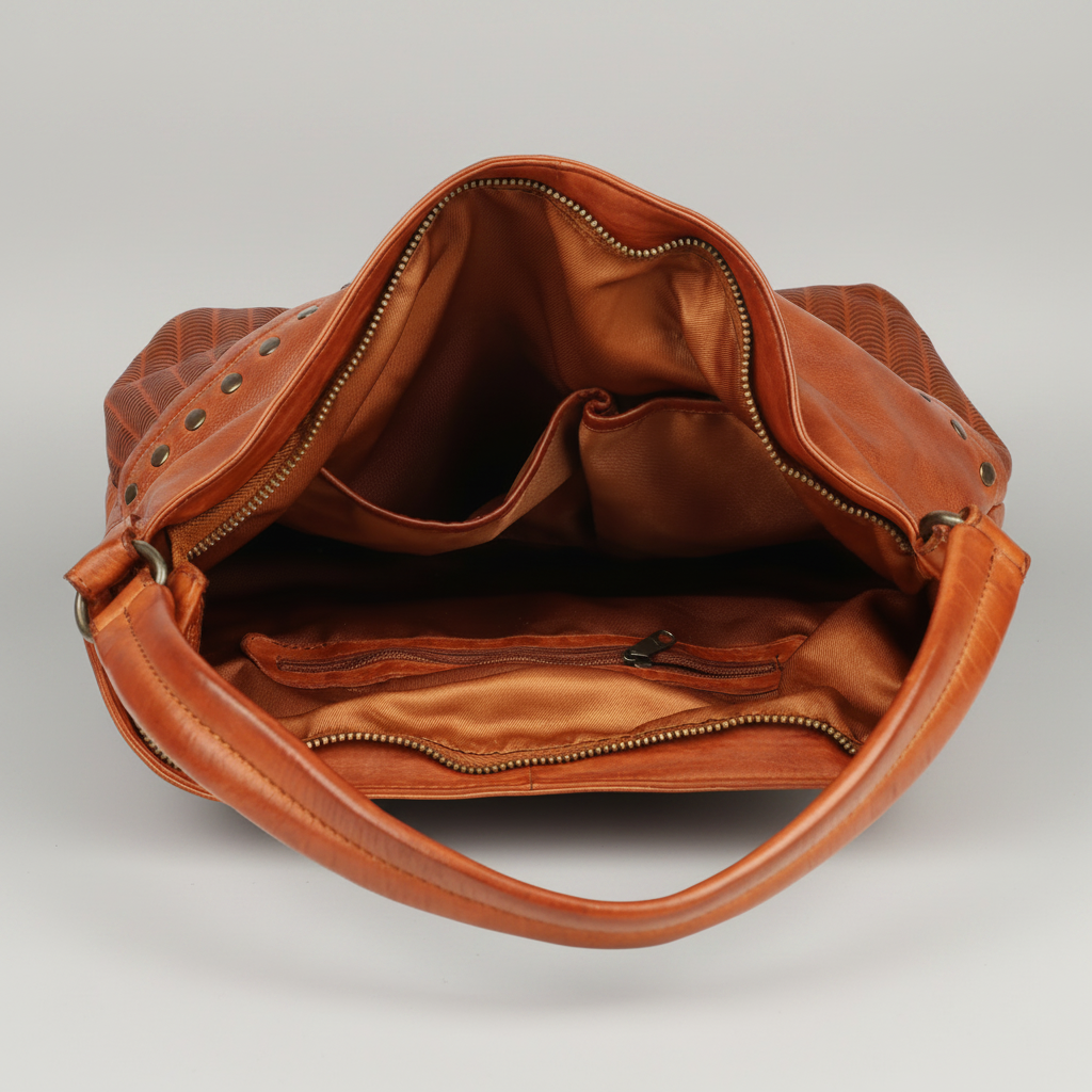 MET Premium Leather Handbag. Studded Hobo Tote with Artisan Scallop Embossing