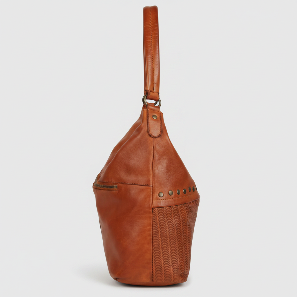 MET Premium Leather Handbag. Studded Hobo Tote with Artisan Scallop Embossing