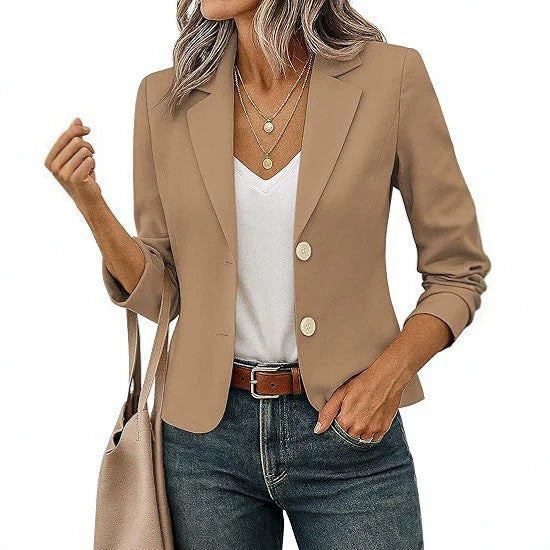 Women’s Solid Color Long Sleeve Blazer Cardigan – Casual Slim-Fit Suit Jacket