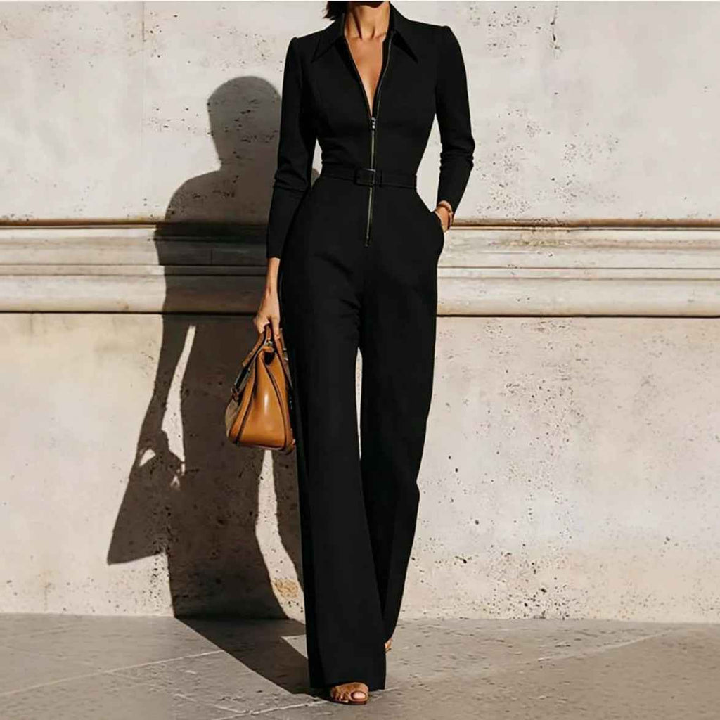 Women’s Autumn Winter V-Neck Belted Long-Sleeve Jumpsuit – Zip-Up Straight-Leg One-Piece