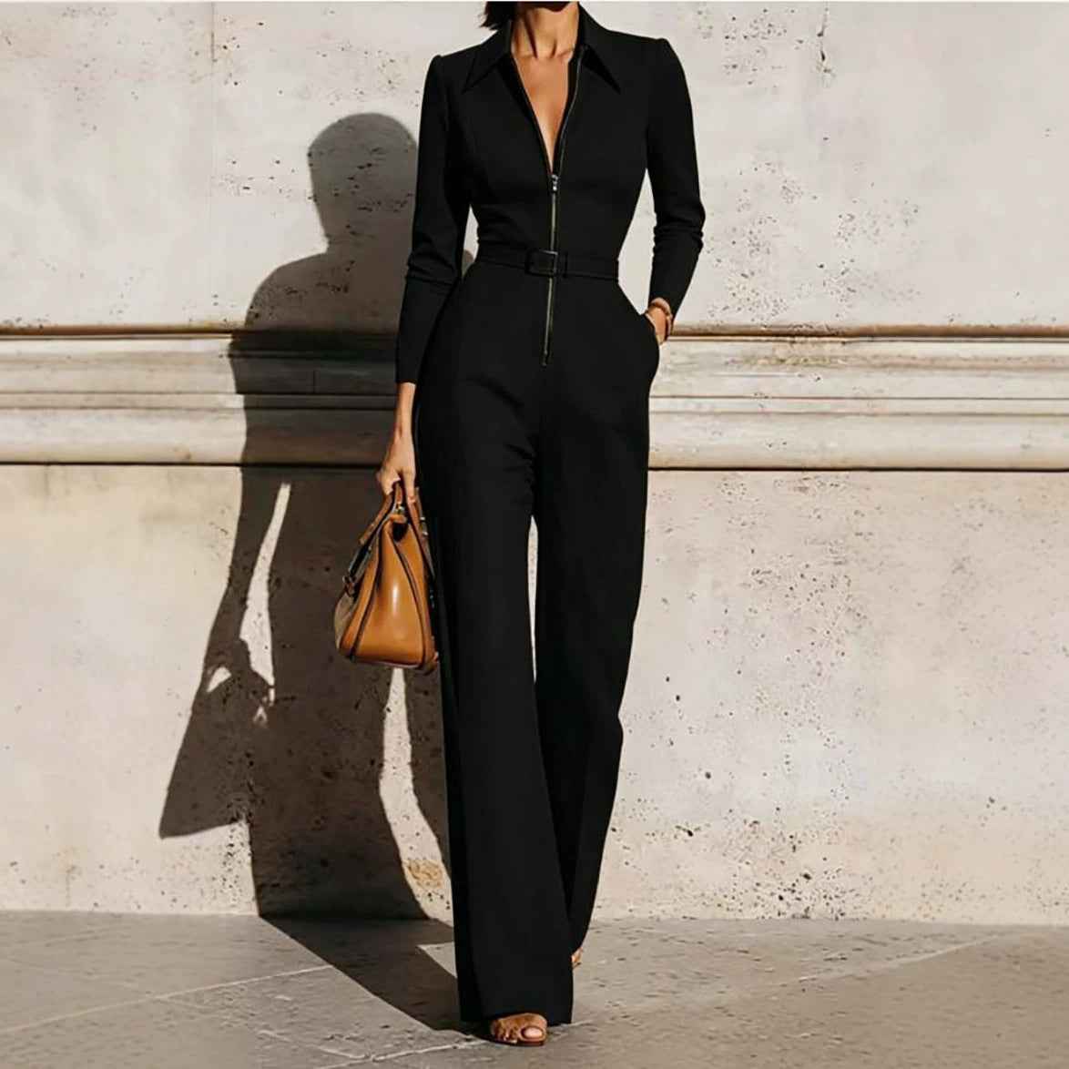 Women’s Autumn Winter V-Neck Belted Long-Sleeve Jumpsuit – Zip-Up Straight-Leg One-Piece