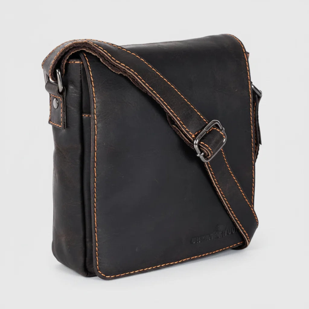 Greenwood Leather Mini-Messenger Bag. Wax Pull-Up Leather Flap Over Bag