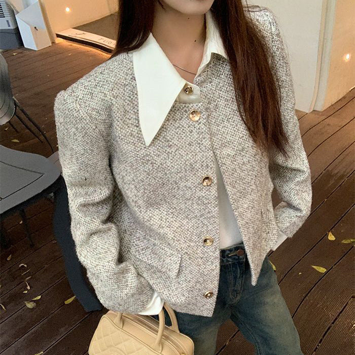 Women's Trendy Vintage Tweed Button-Up Long-Sleeve Top
