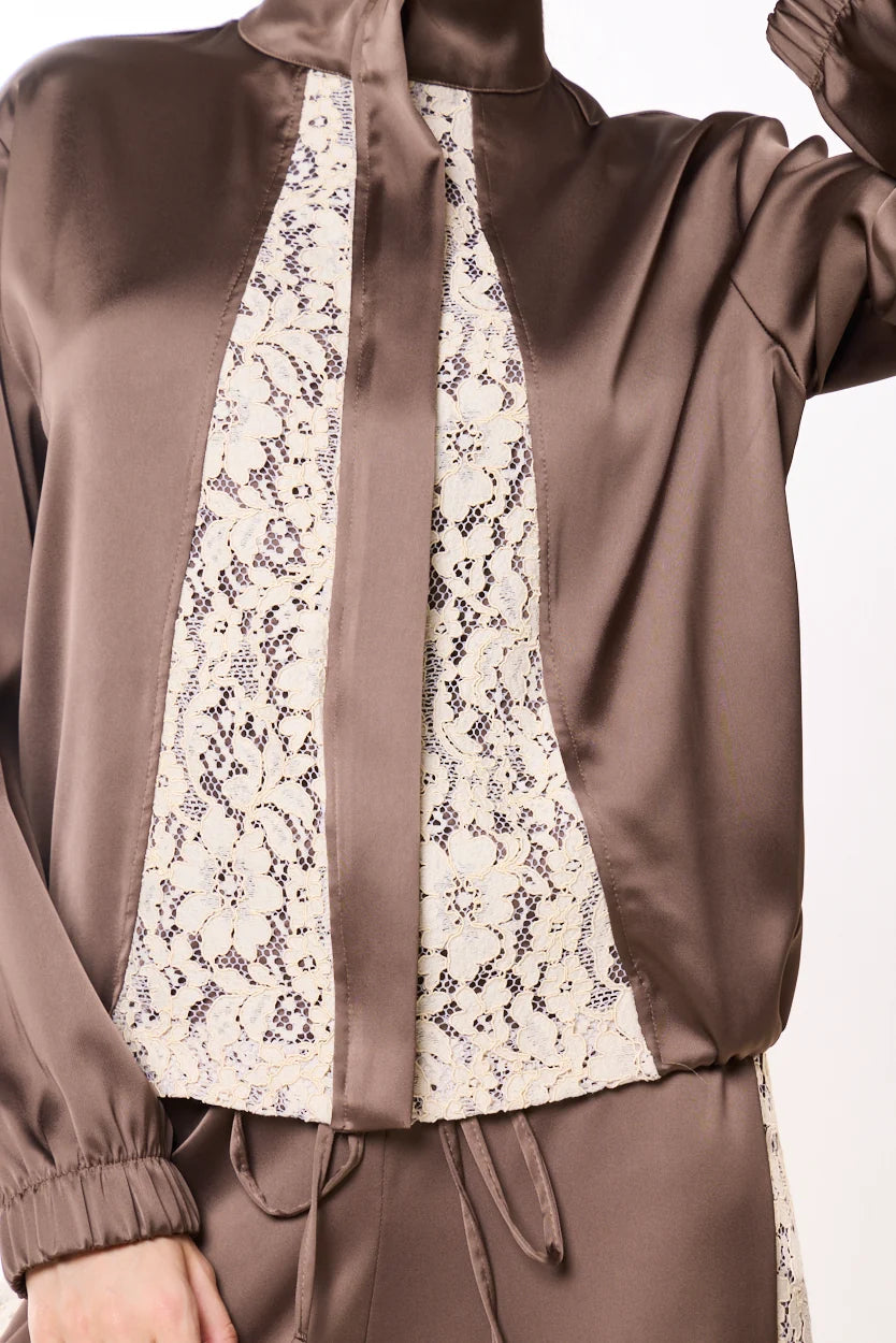 Lace panel satin tie neck blouse