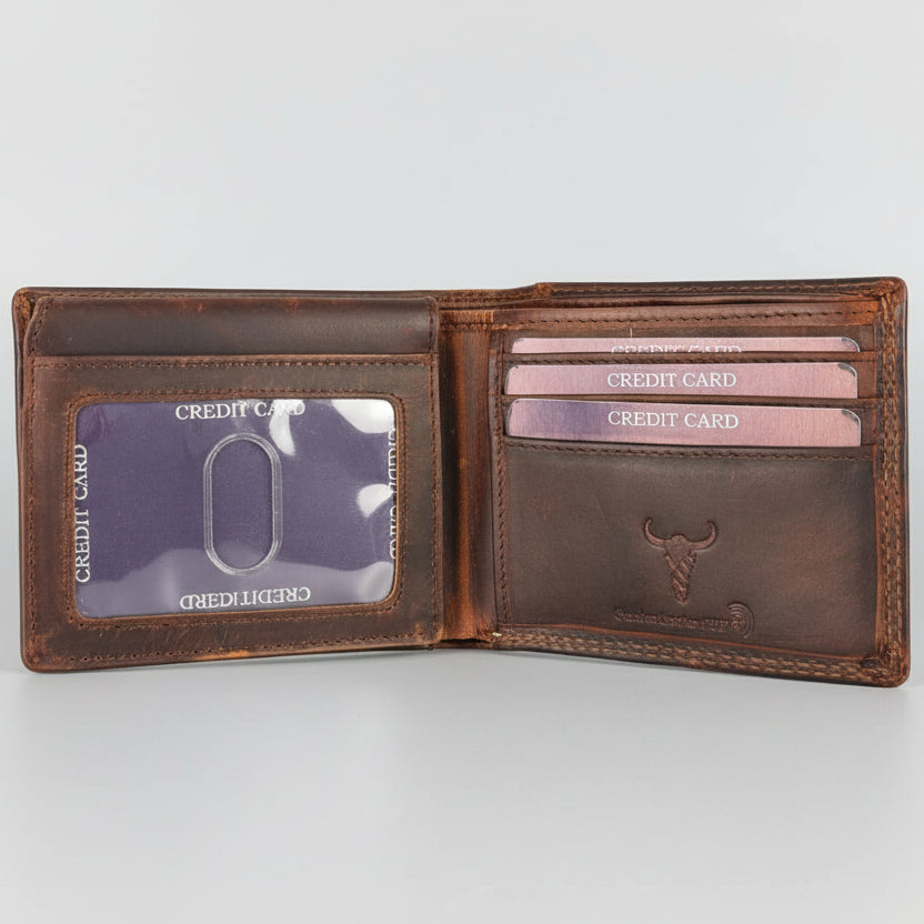 Men’s Genuine Cow Leather Bifold Wallet. Embossed Deer Design with RFID Protection