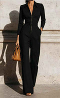 Women’s Autumn Winter V-Neck Belted Long-Sleeve Jumpsuit – Zip-Up Straight-Leg One-Piece