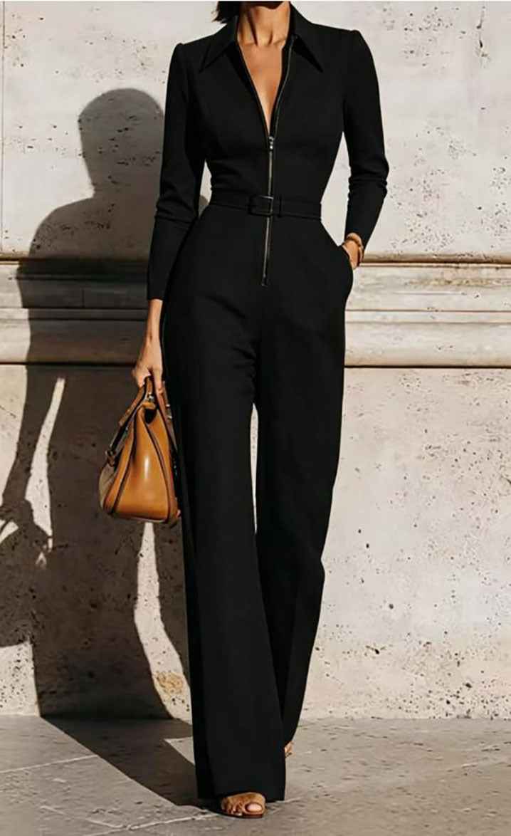 Women’s Autumn Winter V-Neck Belted Long-Sleeve Jumpsuit – Zip-Up Straight-Leg One-Piece