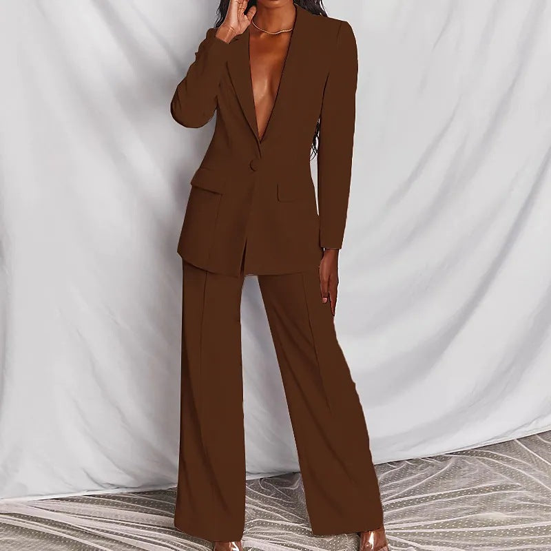 Women's Business Suit Set – Lapel Button-Down Blazer and Straight Leg Trousers