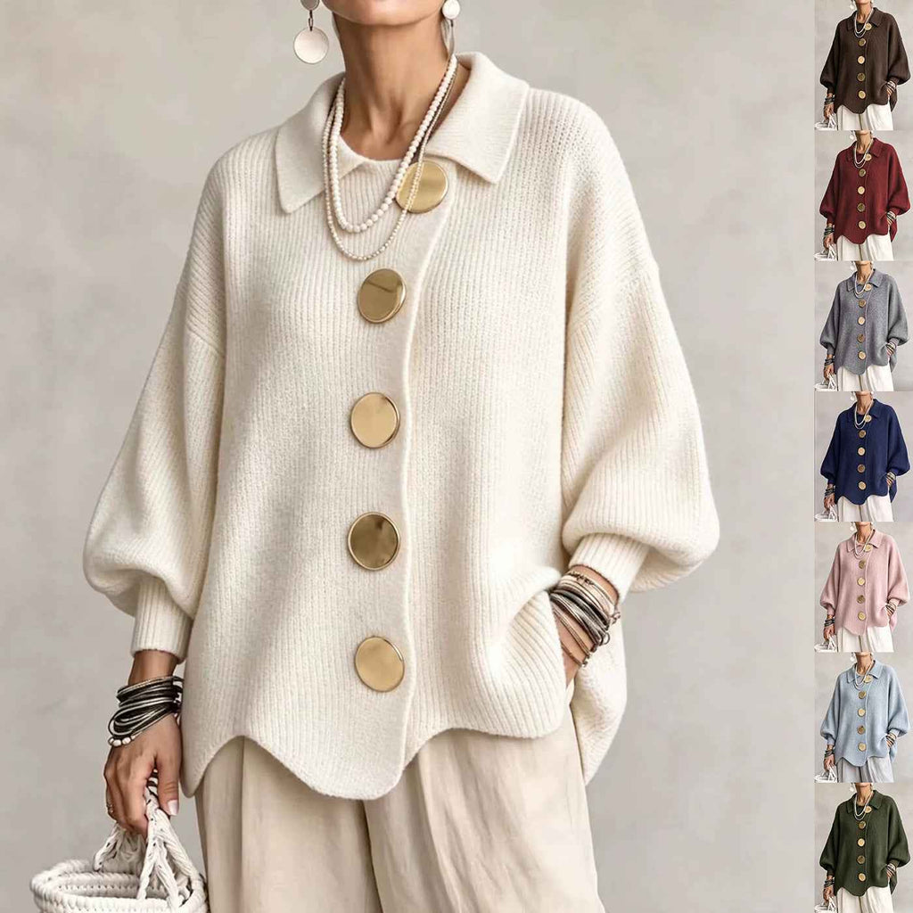 Women’s Button-Down Knit Cardigan – Lapel Collar Long-Sleeve Loose-Fit Fall & Winter Sweater