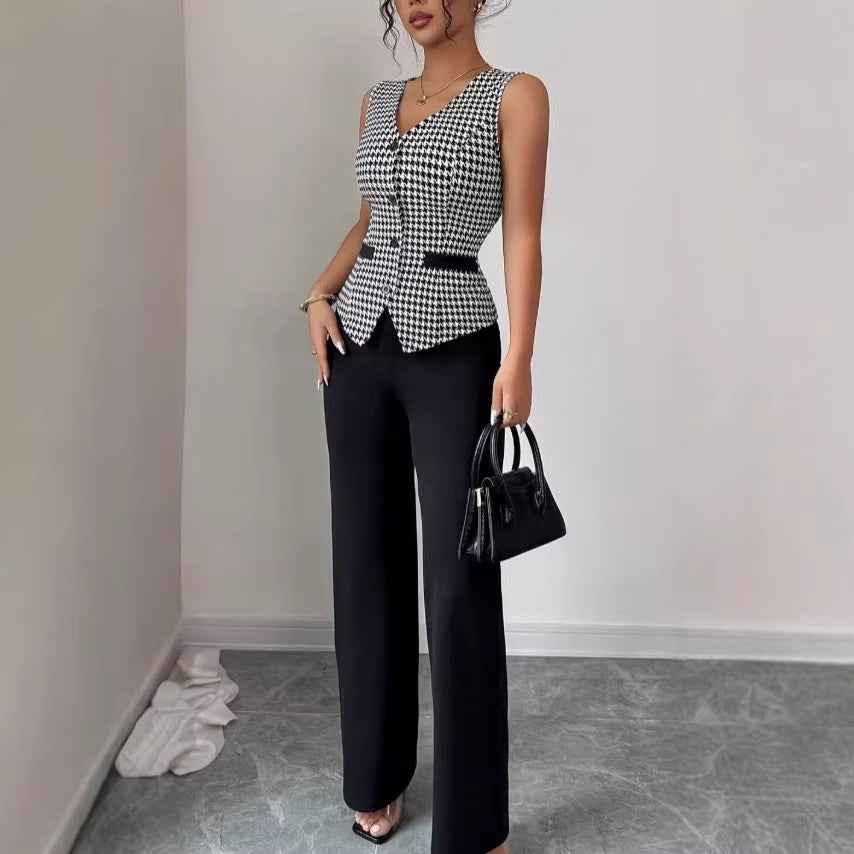 Women’s Houndstooth Vest & Solid Trousers Set – Slim-Fit Sleeveless Two-Piece Casual Suit