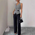 Women’s Houndstooth Vest & Solid Trousers Set – Slim-Fit Sleeveless Two-Piece Casual Suit