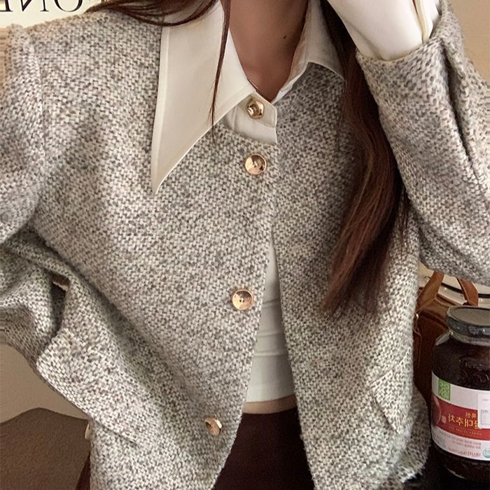 Women's Trendy Vintage Tweed Button-Up Long-Sleeve Top