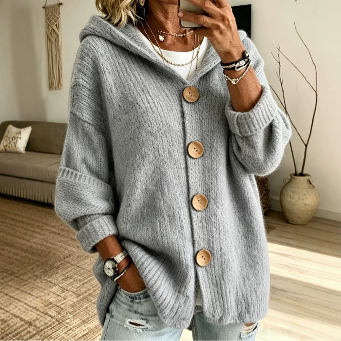 Women's Solid-Color Hooded Button-Down Cardigan Sweater