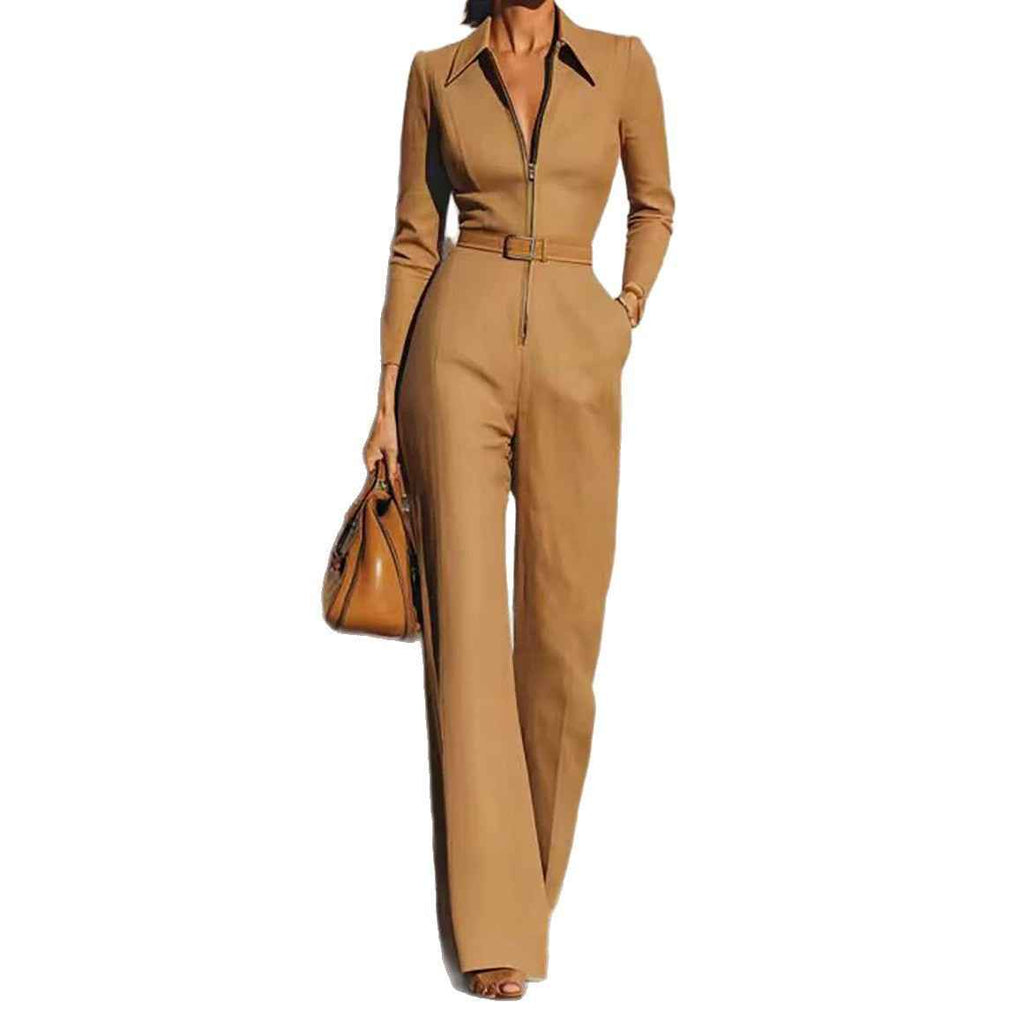 Women’s Autumn Winter V-Neck Belted Long-Sleeve Jumpsuit – Zip-Up Straight-Leg One-Piece