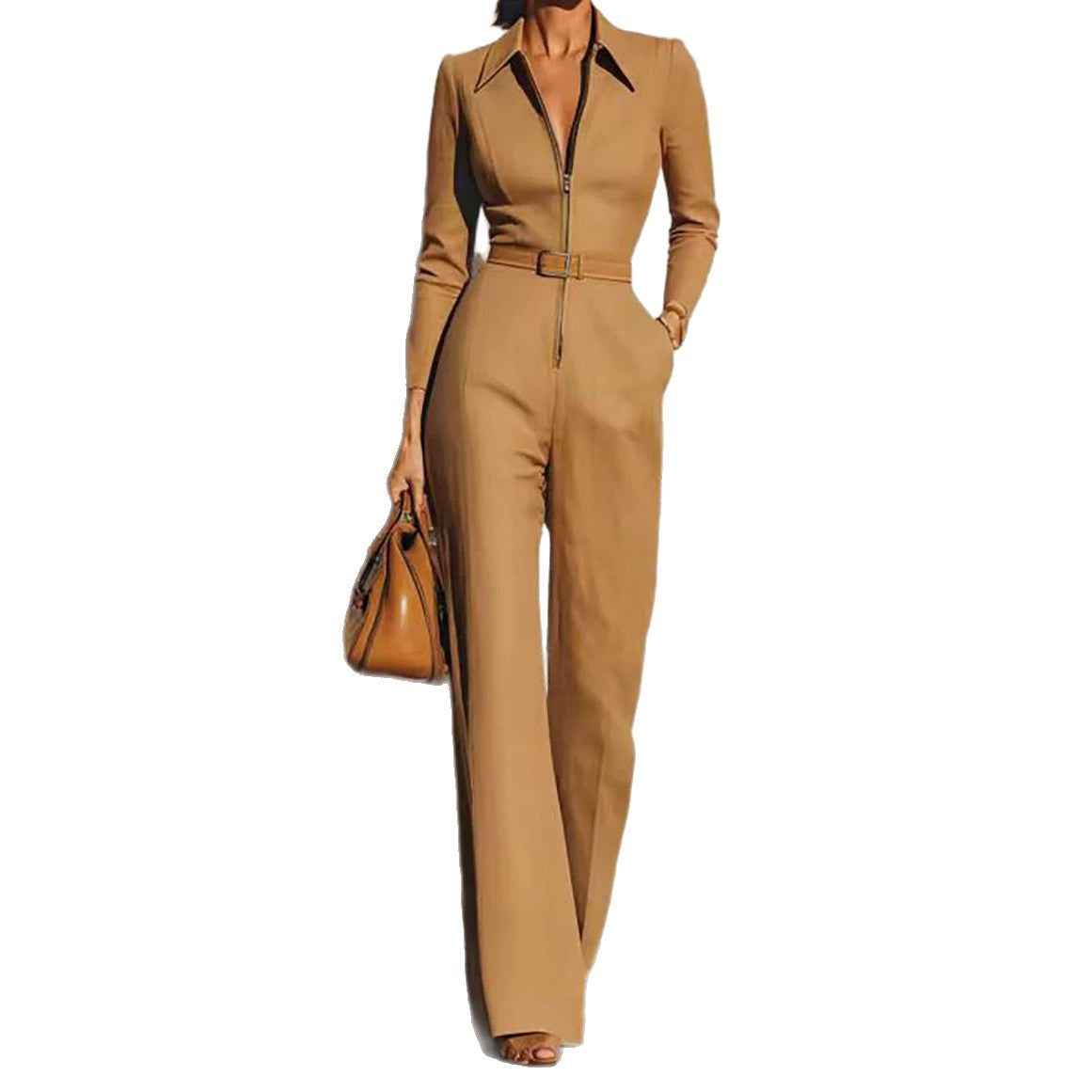 Women’s Autumn Winter V-Neck Belted Long-Sleeve Jumpsuit – Zip-Up Straight-Leg One-Piece