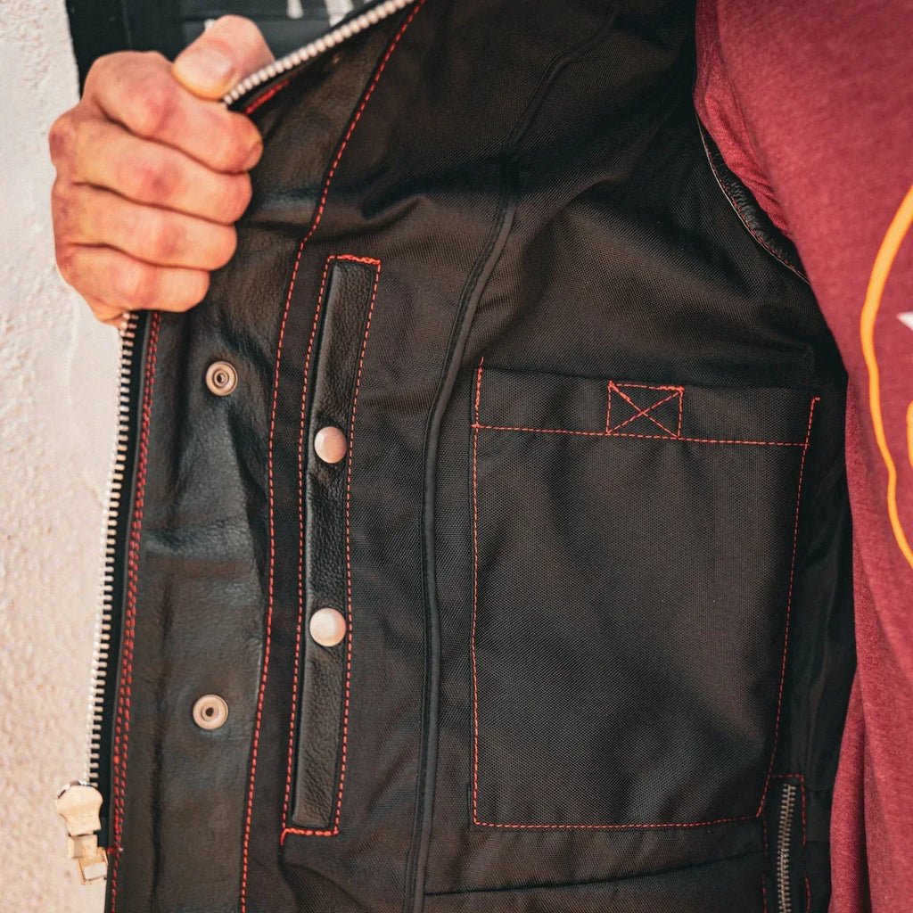 Open Road Men's Upside Leather with Red Stitched Diamonds Vest