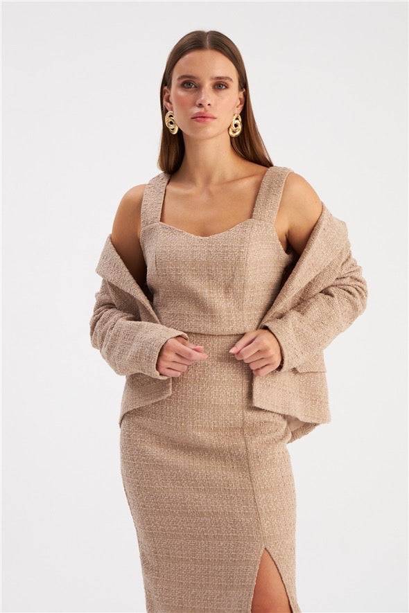 Strap Tweed Crop Blouse - Beige