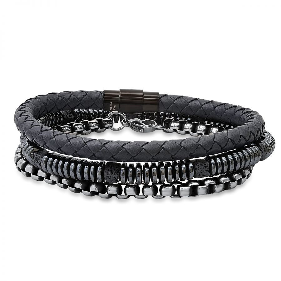SteelTime Men's Black Leather and Stainless Steel Bracelets with Haematite and Lava Stone