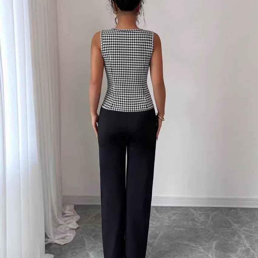 Women’s Houndstooth Vest & Solid Trousers Set – Slim-Fit Sleeveless Two-Piece Casual Suit
