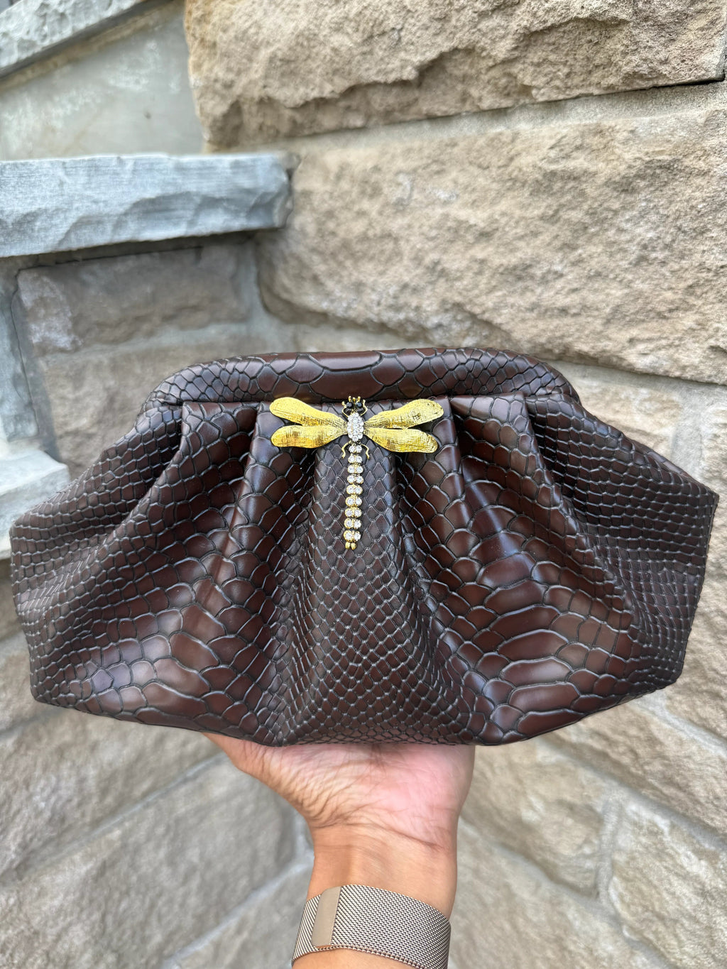 Midnight Dragonfly Croc Clutch