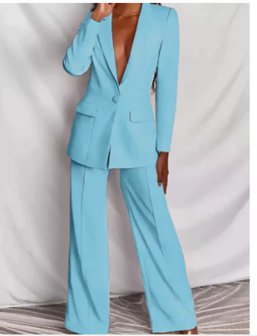 Women's Business Suit Set – Lapel Button-Down Blazer and Straight Leg Trousers