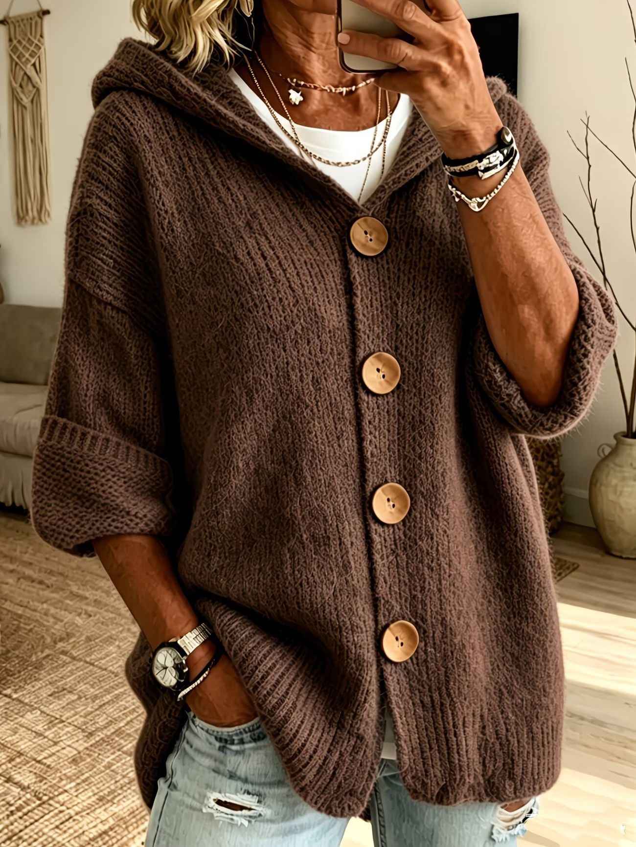 Women's Solid-Color Hooded Button-Down Cardigan Sweater