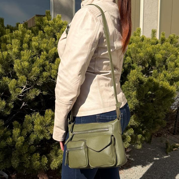 Greenwood Leather Multi-Pocket Crossbody Bag. Premium Pebbled Leather Handbag