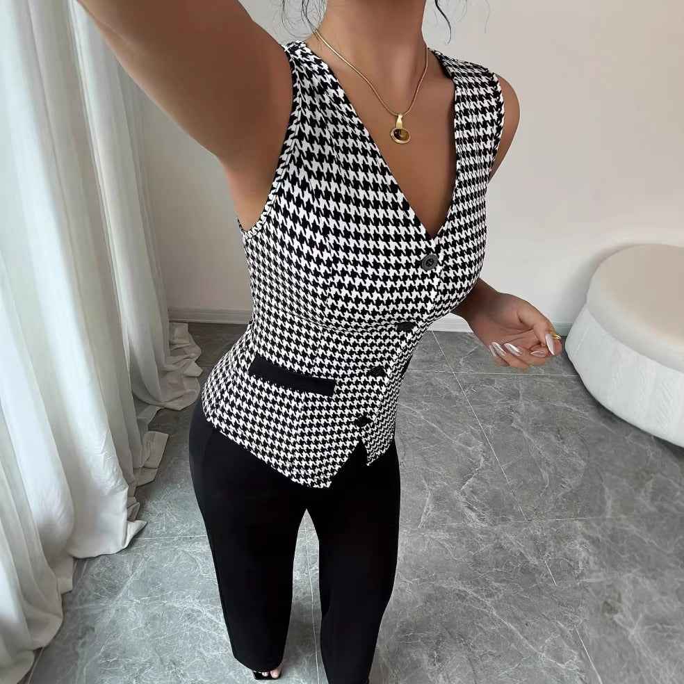 Women’s Houndstooth Vest & Solid Trousers Set – Slim-Fit Sleeveless Two-Piece Casual Suit