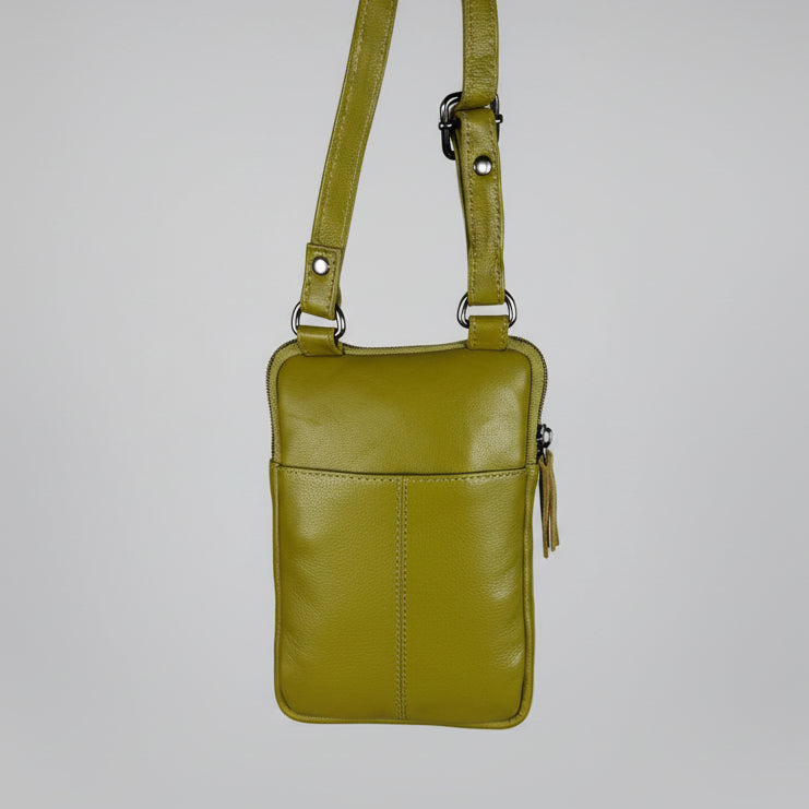 Greenwood Leather Compact Mini Crossbody. Slim Full-Grain Leather Phone Bag & Travel Organizer