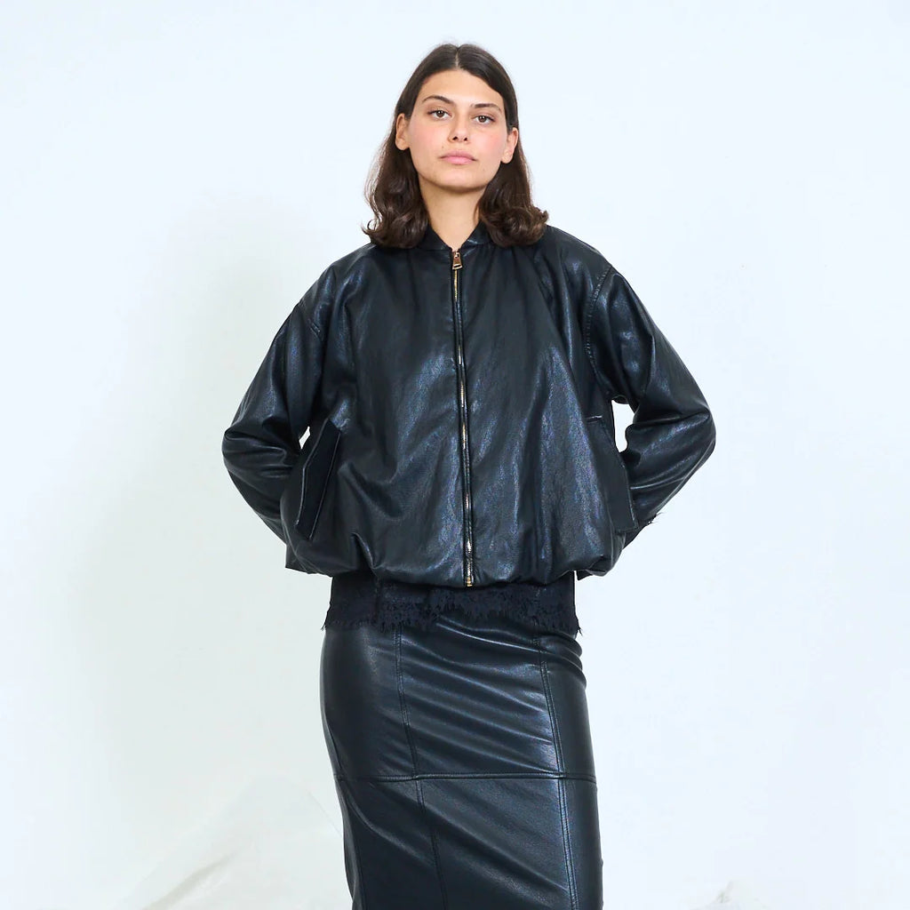 Faux-leather bomber jacket with lace sleeve panels