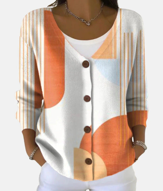 Women’s Printed Knit Cardigan Sweater with Buttons – Casual Long-Sleeve Patterned Pullover