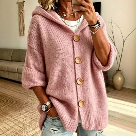 Women's Solid-Color Hooded Button-Down Cardigan Sweater