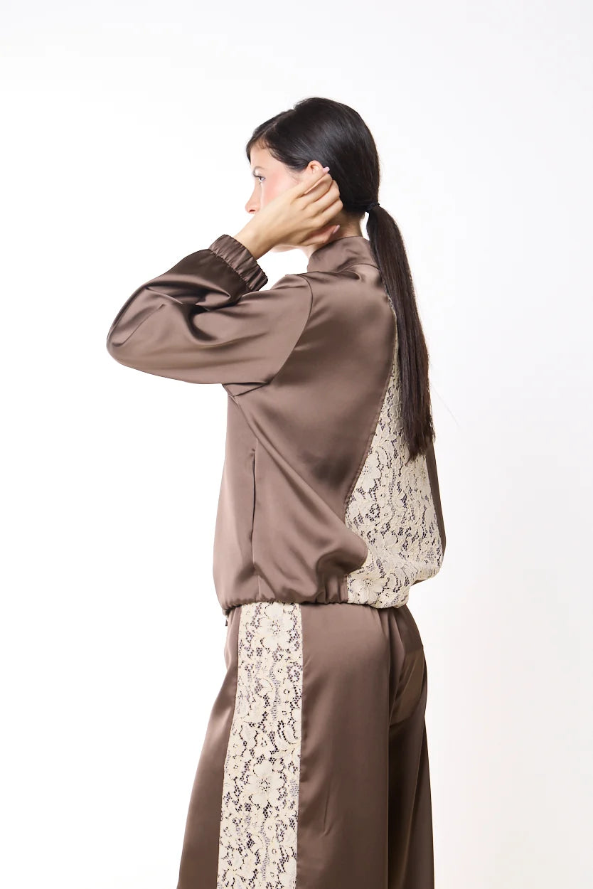 Lace panel satin tie neck blouse