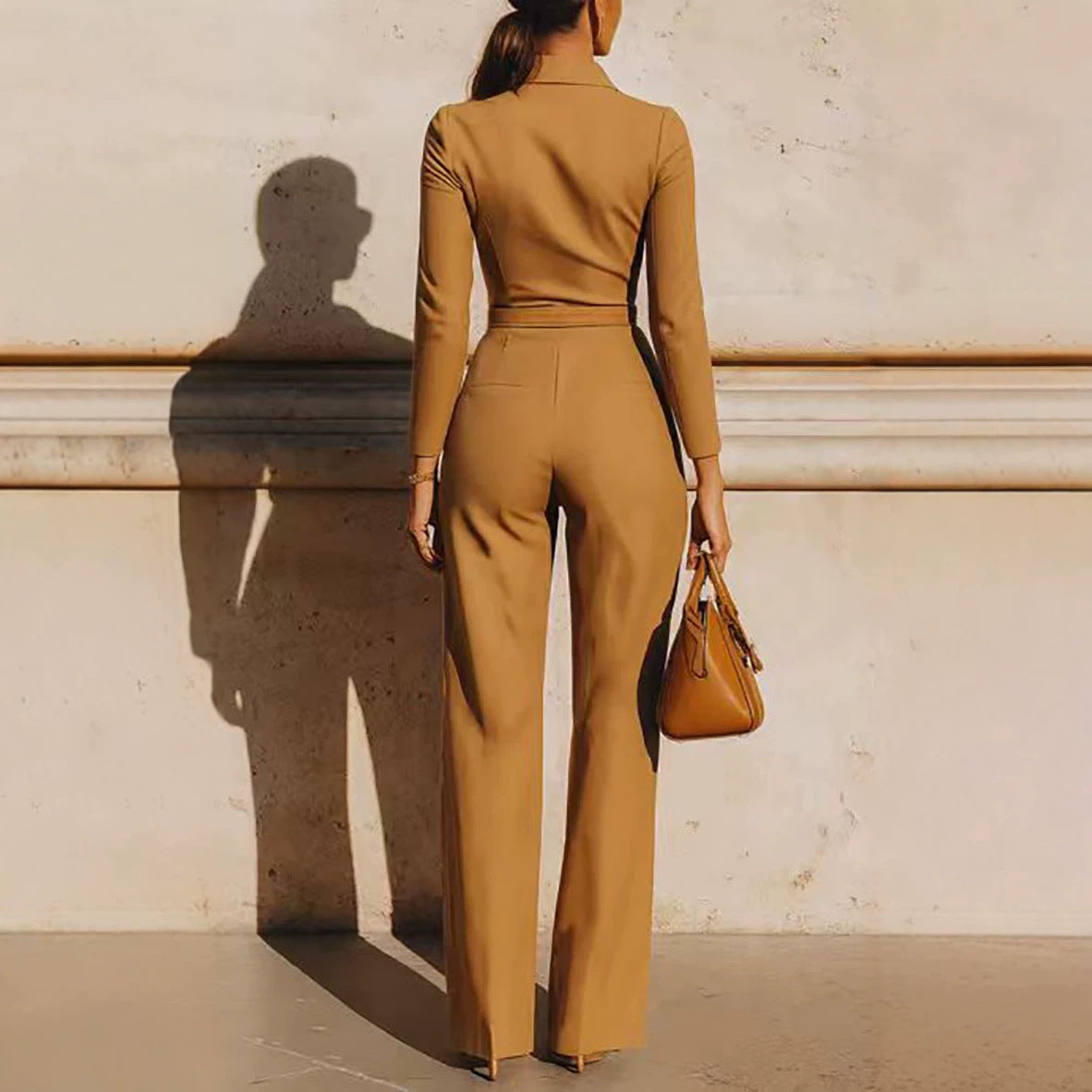 Women’s Autumn Winter V-Neck Belted Long-Sleeve Jumpsuit – Zip-Up Straight-Leg One-Piece