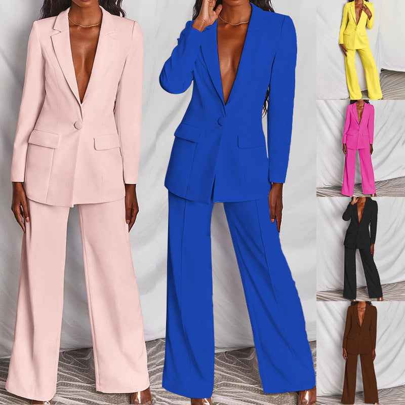 Women's Business Suit Set – Lapel Button-Down Blazer and Straight Leg Trousers