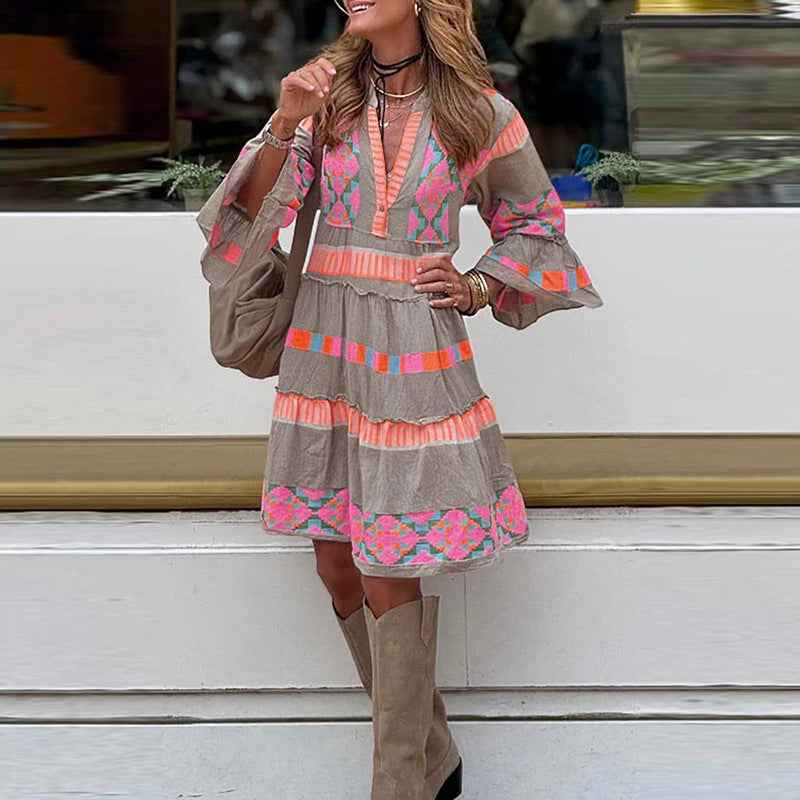 Fashion Print V-Neck Dress – Summer Ruffle A-Line Three-Quarter Sleeve Dress for Women