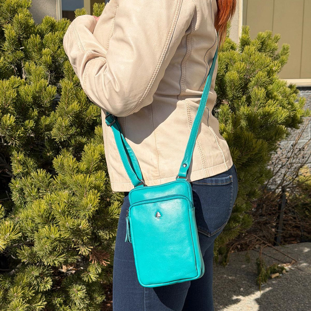 Greenwood Leather Compact Mini Crossbody. Slim Full-Grain Leather Phone Bag & Travel Organizer
