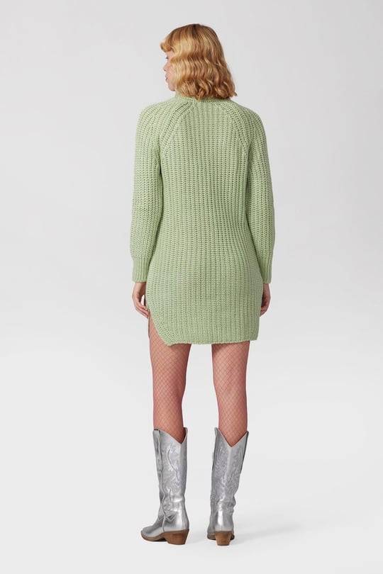 Turtleneck Knit Jumper Mini Dress with Side Slits - Mint