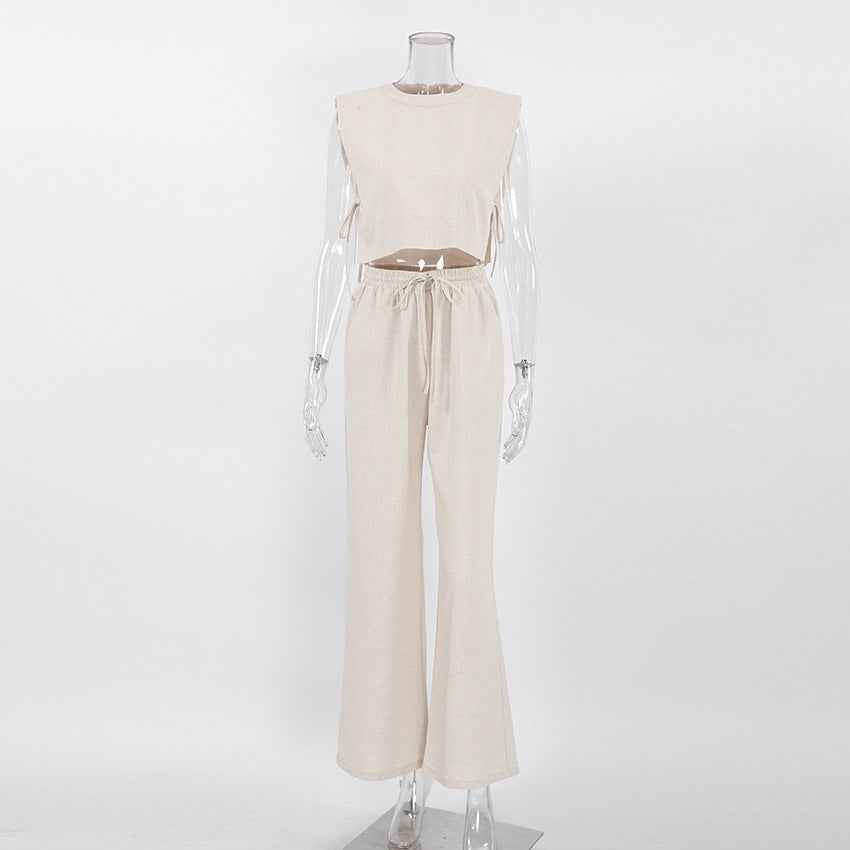 Women's Cotton Linen Two Piece Set – Sleeveless Blouse and Wide Leg Trousers Outfit