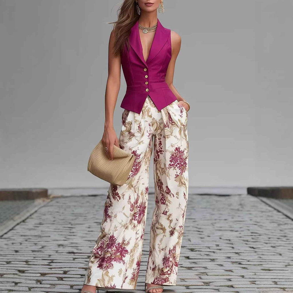 P Buttoned Vest Top And Summer Slimming Wide-leg Pants Two-piece Set For Women