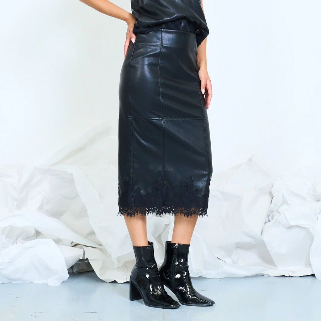 Faux-leather midi skirt with lace-trim hem