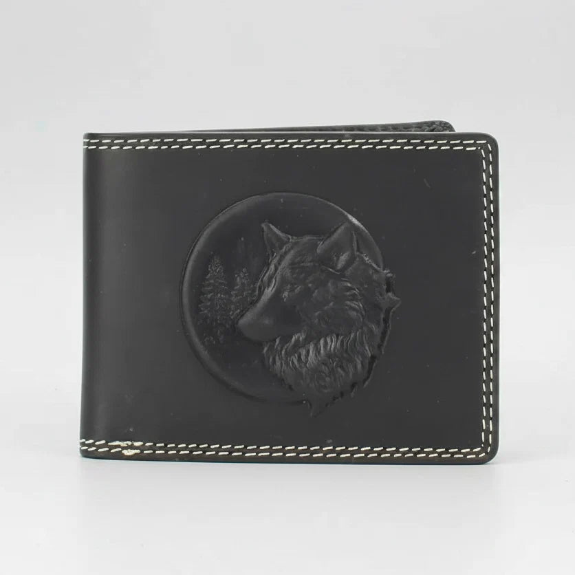 Men’s Cow Leather Wolf Embossed Bifold Wallet